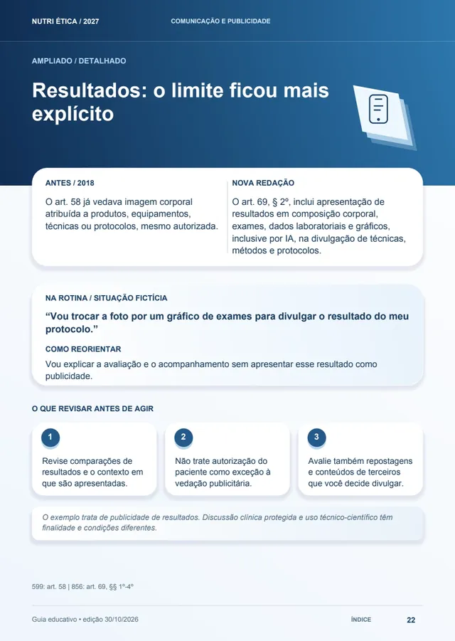 Página do guia sobre divulgação de resultados, comparando as regras e apresentando ações de revisão